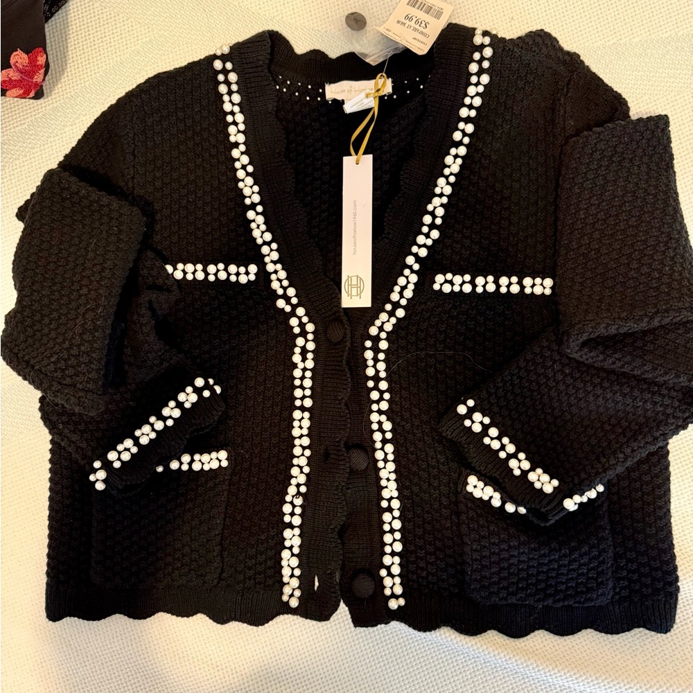House of Harlow Black Cardigan with White Pearl Trim